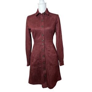 a loves a - Faux Suede Button Front Long Sleeve Mini Shirt Dress Merlot  Small